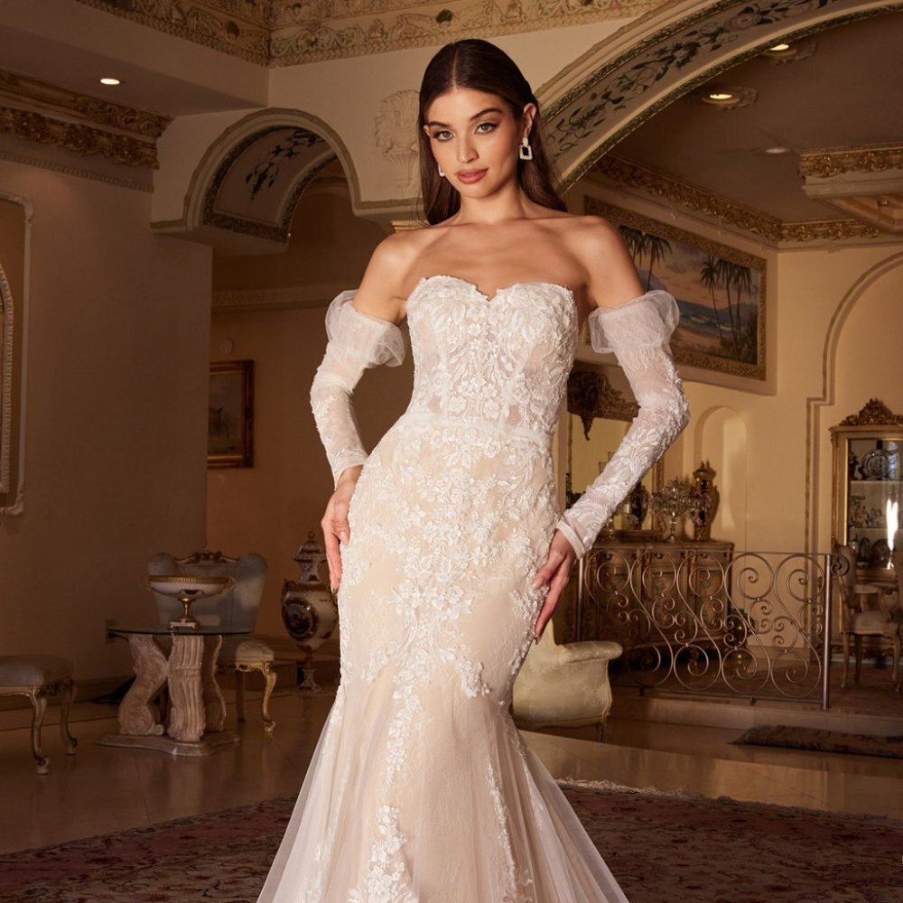 NEW LONG OFF THE SHOULDER MERMAID WEDDING DRESS WITH REMOVABLE SLEEVES AL WL008